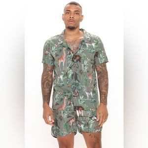 Animal Kingdom Short Sleeve Woven Top - Olive/combo